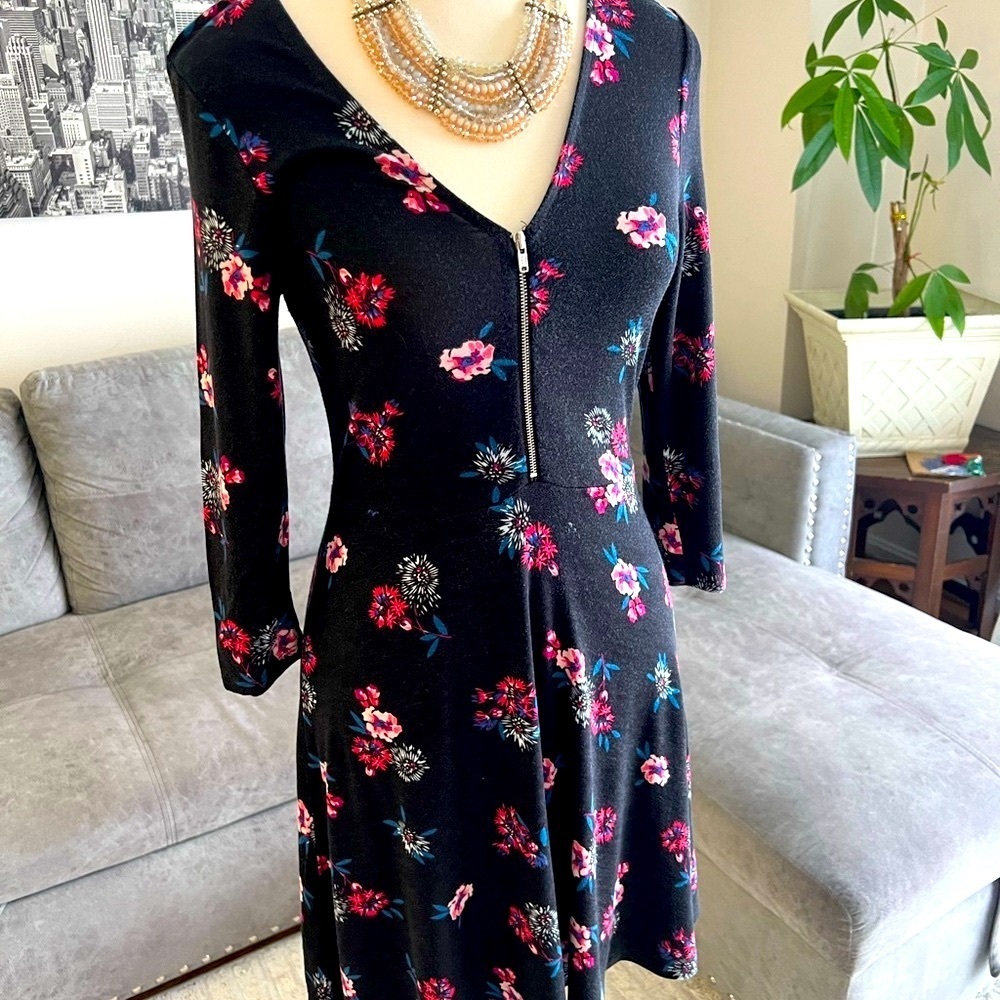 Express Blue and Black Fit and Flare V-neck Dress